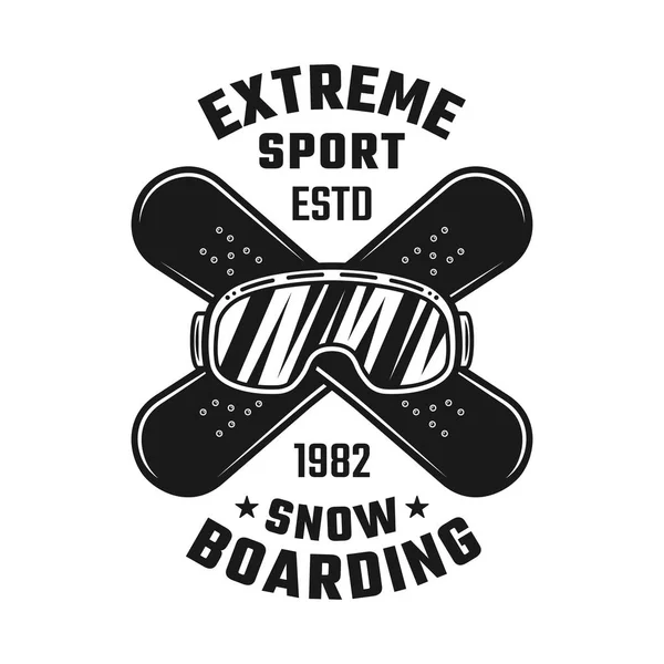 Snowboard emblem med skidglasögon och styrelser — Stock vektor