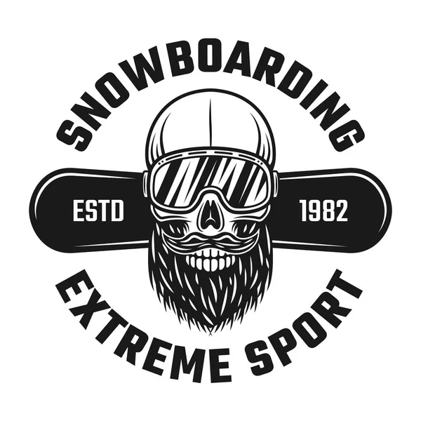 Calavera barbuda de snowboarder en emblema de gafas de esquí — Vector de stock