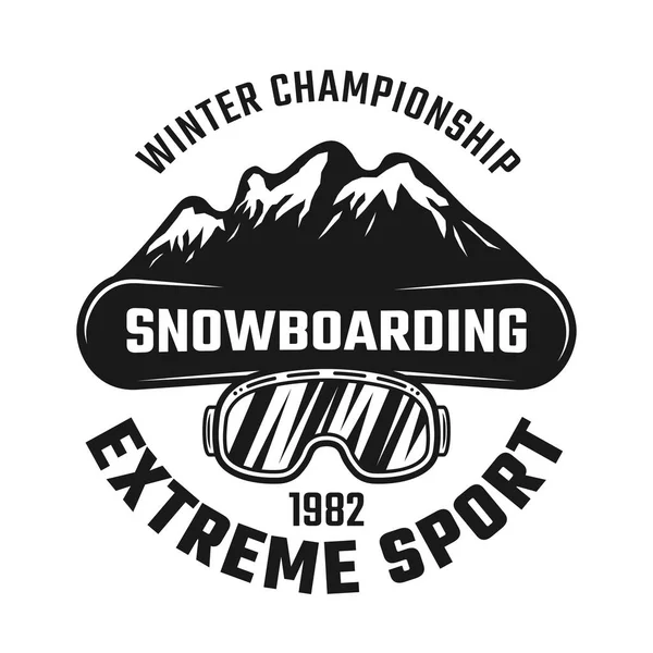 Emblema de snowboard con tabla y montañas — Vector de stock