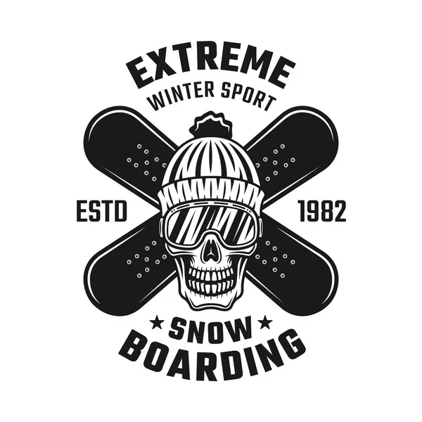 Emblema de snowboard con cráneo y dos tablas — Vector de stock