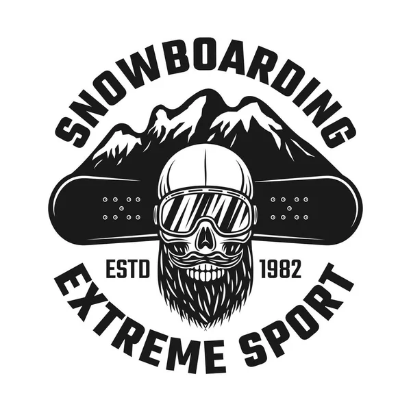 Emblema de snowboard con cráneo y montañas — Vector de stock