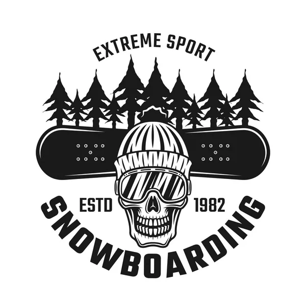 Emblema de snowboard con cráneo en sombrero, gafas de esquí — Vector de stock