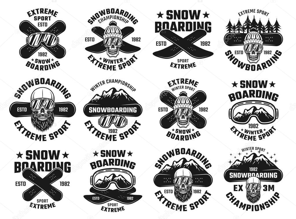 Snowboarding winter extreme sport set of twelve vector emblems, badges, labels or logos in vintage monochrome style isolated on white background