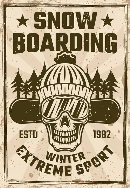 Cartel vintage snowboard con cráneo de snowboarder — Vector de stock