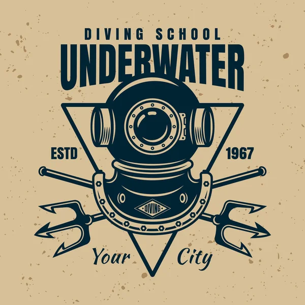 Векторная эмблема школы дайвинга с текстом под водой — стоковый вектор