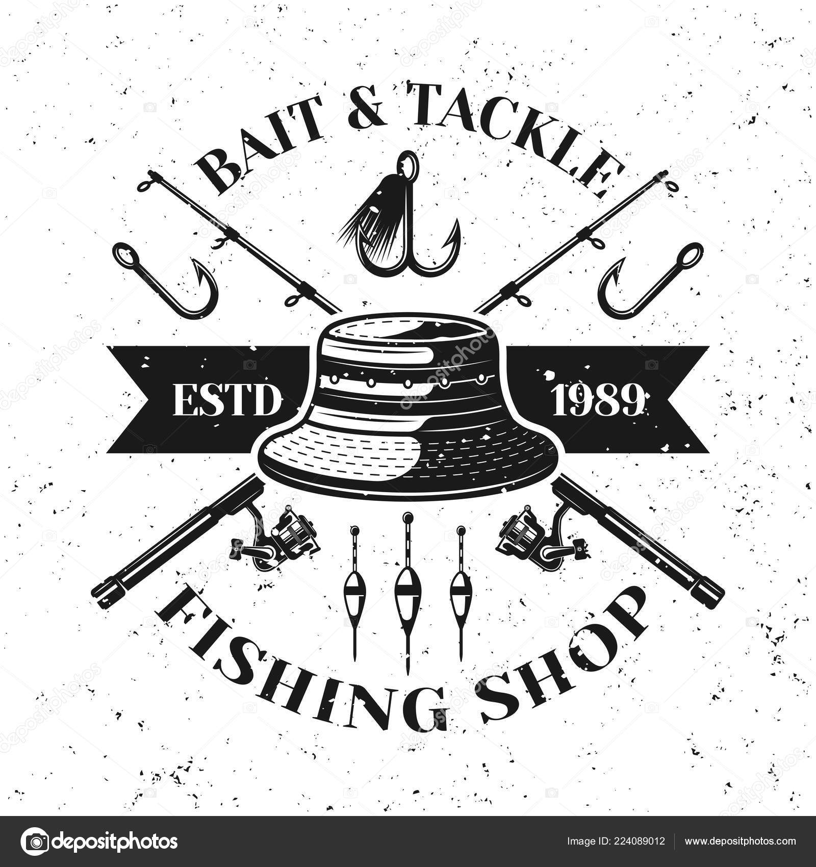 Fishing Shop Vector Emblem Label Badge Fisherman Hat Two Crossed