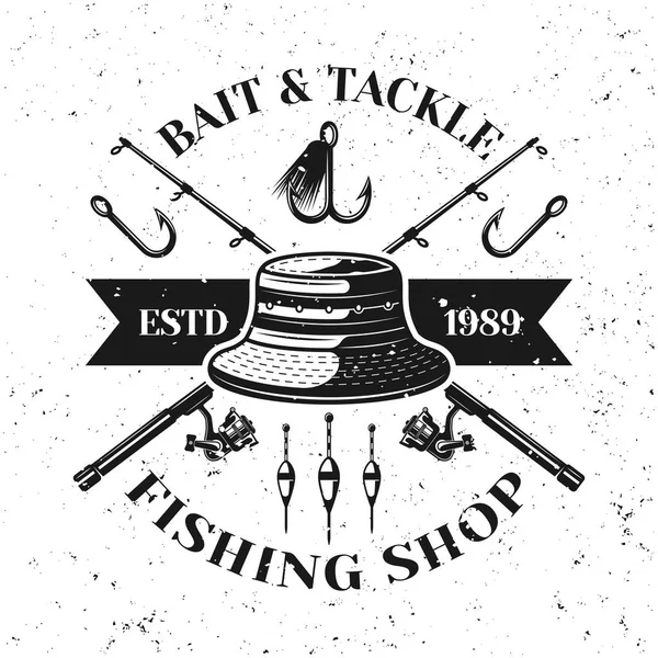 Emblema Vector Tienda Pesca Etiqueta Insignia Con Sombrero Pescador Dos — Vector de stock