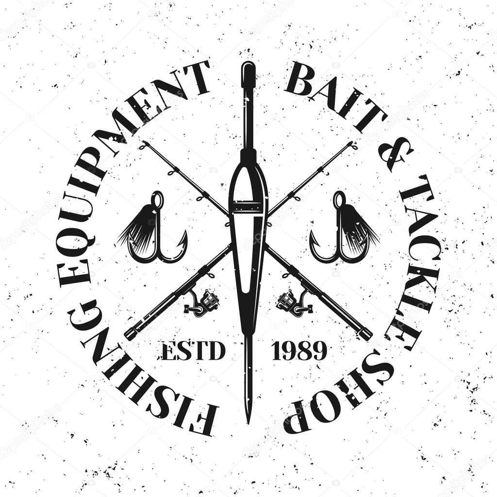 Fishing vector emblem, label or badge with float and two crossed fishing rods isolated on white background with removable grunge texture