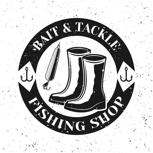 Tienda de pesca vector emblema redondo, insignia con botas — Vector de stock