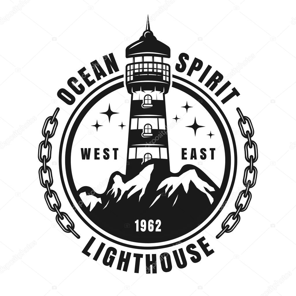 Nautical round badge, emblem, label or logo with lighthouse and mountains vector illustration in monochrome vintage style isolated on white background