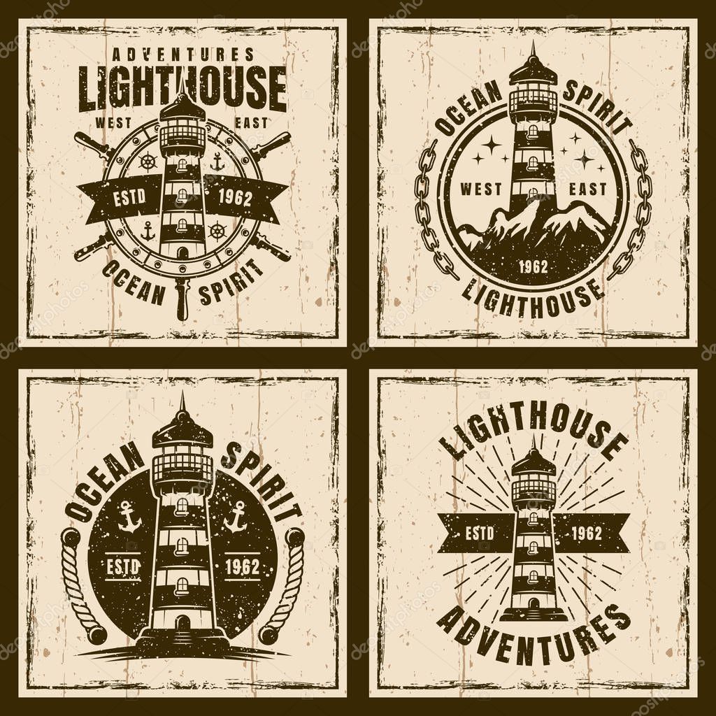 Lighthouse set of four nautical vector brown vintage emblems, labels, badges or t shirt prints on background with grunge textures