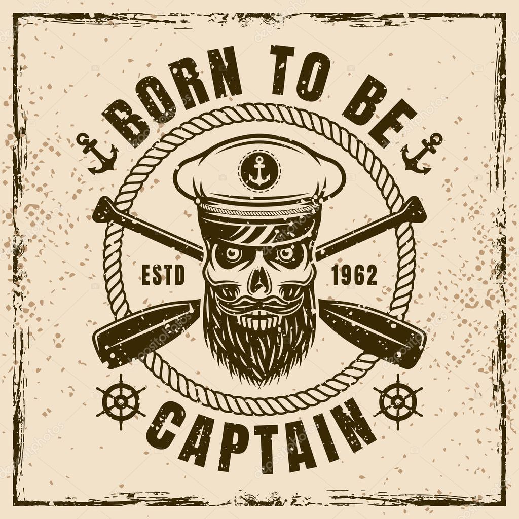 Nautical vector illustration with bearded skull of captain and text on background with grunge textures and frame