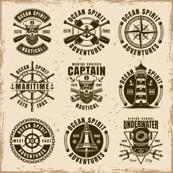 Nautical set of nine vector vintage emblems — Stock Vector