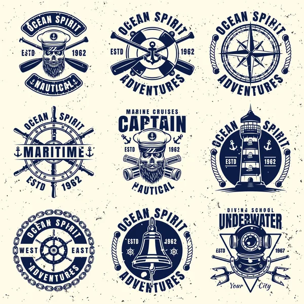 Maritime thematic set of nine vector emblems — Stock Vector