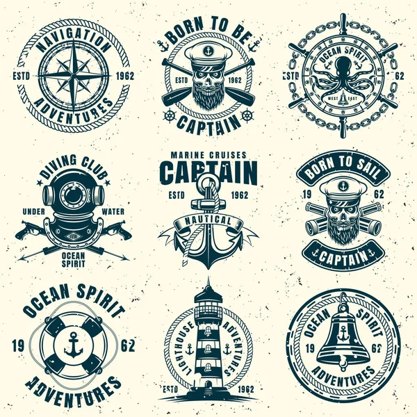 Nautical set of nine vector vintage style emblems — Stock Vector