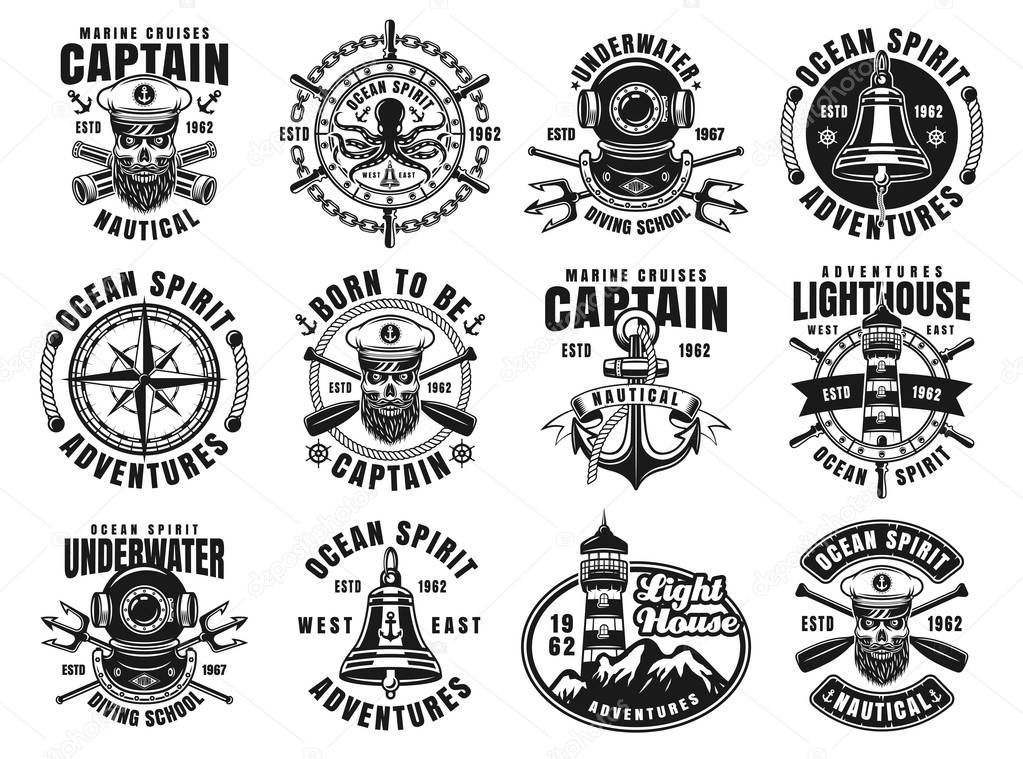 Nautical set of twelve vector emblems, labels, badges or logos in vintage monochrome style isolated on white background
