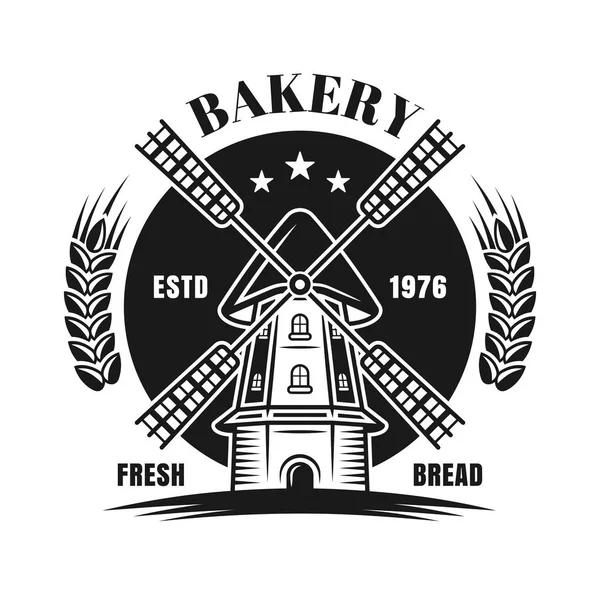 Windmühlenvektor schwarzes Emblem oder Abzeichen für Bäckerei — Stockvektor