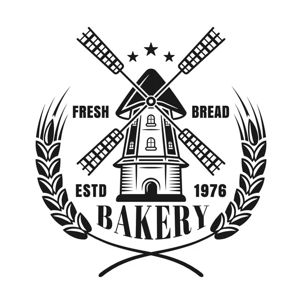Windmühle und Weizenvektor schwarzes Emblem für Bäckerei — Stockvektor