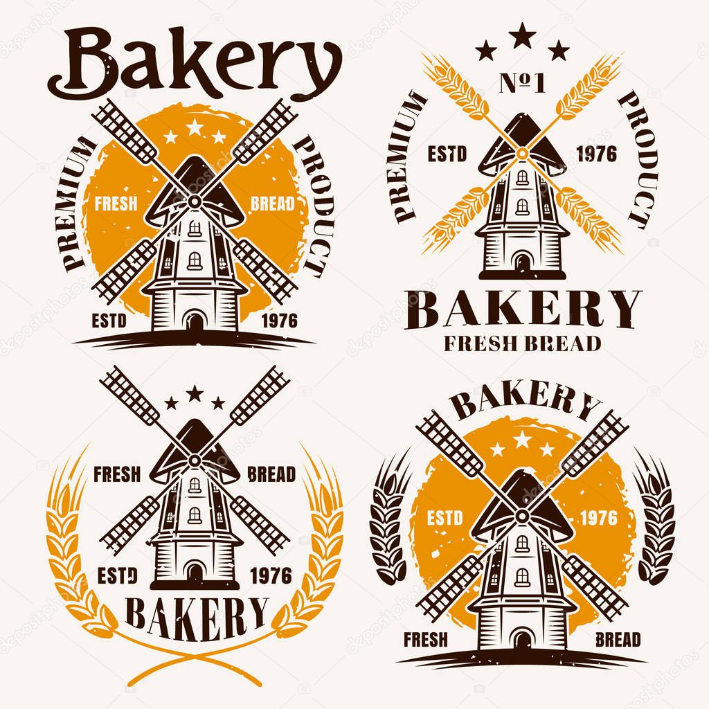 Windmill set of colored emblems, labels, badges or logos for bakery vector illustration