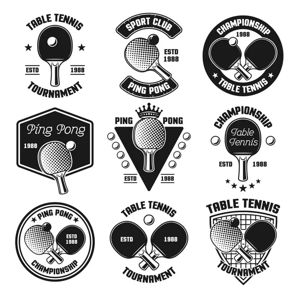 Ping-pong ou tennis de table vecteur emblèmes noirs — Image vectorielle