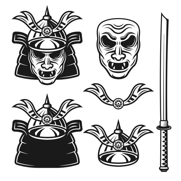 Samurai vettore oggetti monocromatici o elementi — Vettoriale Stock