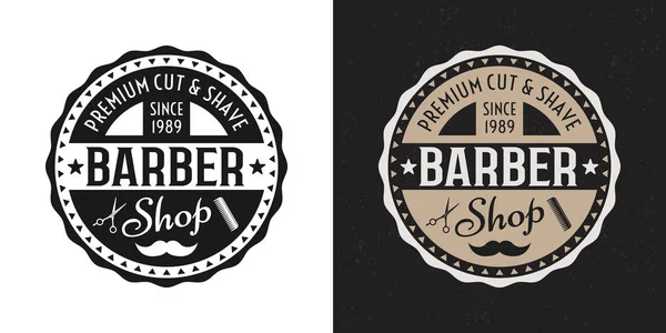 Emblema redondo de barbearia de dois estilos em branco e escuro —  Vetores de Stock