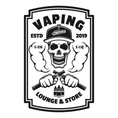 Vaping dükkanı vektör siyah kare amblemi kafatası ile