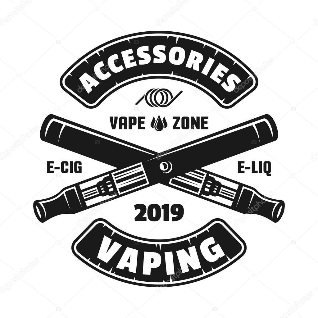 Two crossed electronic cigarettes for vaping vector monochrome emblem, badge, label or logo isolated on white background