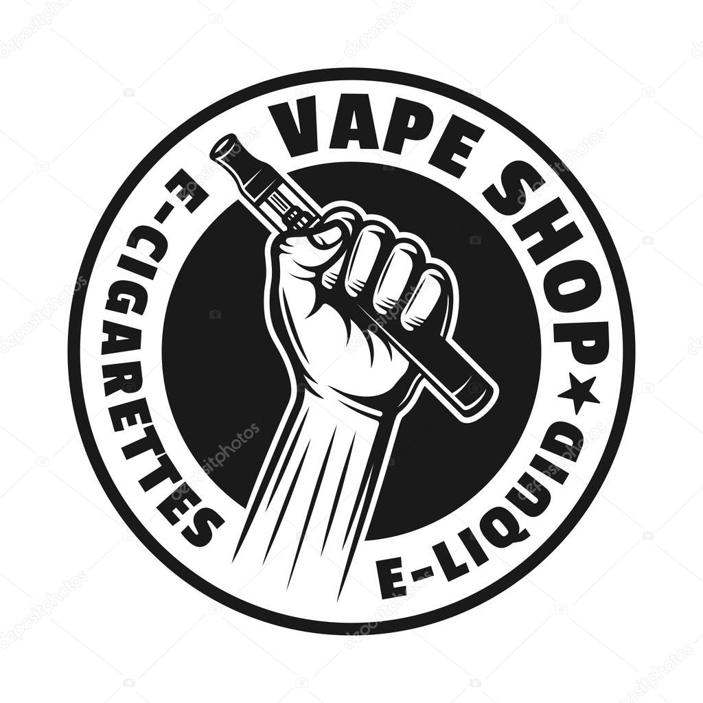 Hands hold electronic cigarette or vape pen vector monochrome round emblem, badge, label or logo isolated on white background