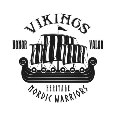 Vikingler sailship vektör amblemi, etiket, rozet, logo