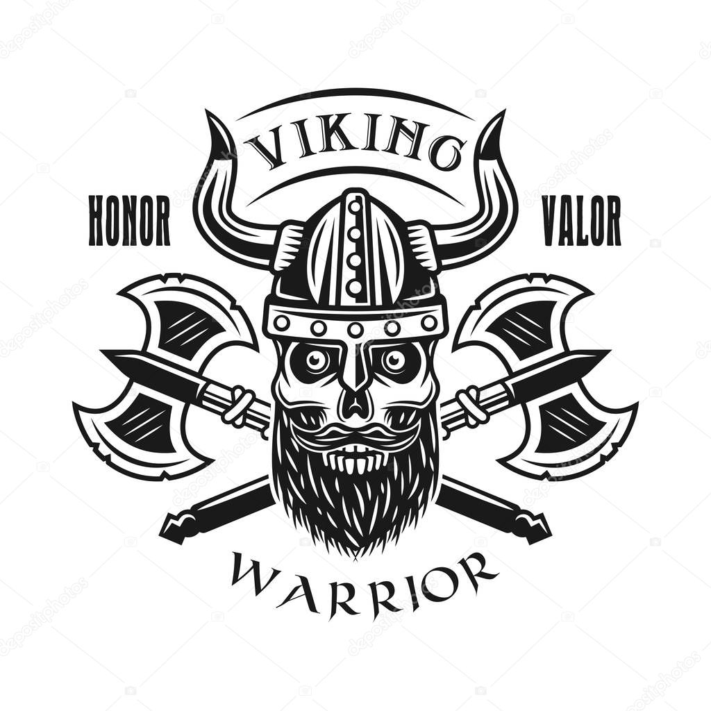 Viking bearded skull and axes vector emblem 