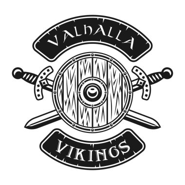 Viking kalkanın ve çapraz kılıç amblemi vektör