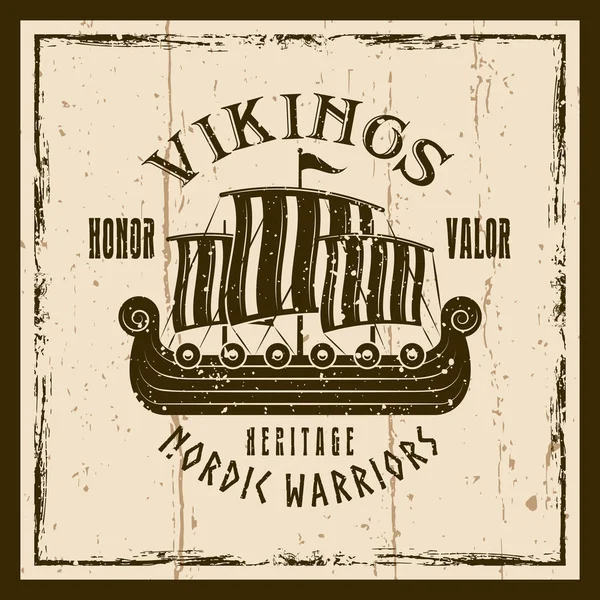 Vikings veliero emblema marrone, etichetta, distintivo — Vettoriale Stock