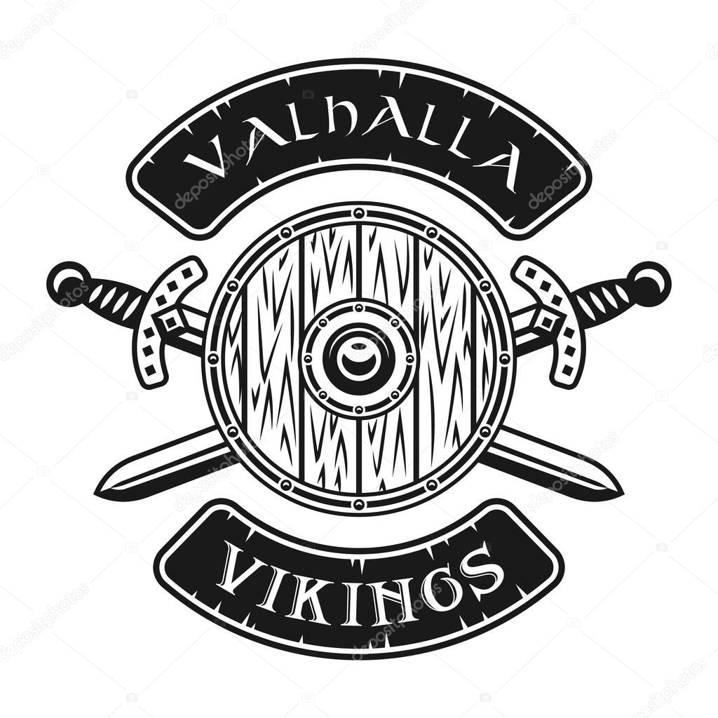 Viking shield and crossed swords vector emblem, label, badge, logo or t-shirt print in monochrome style isolated on white background