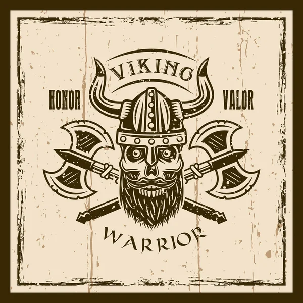Viking kafatası sakallı ve eksen kahverengi amblemi vektör — Stok Vektör