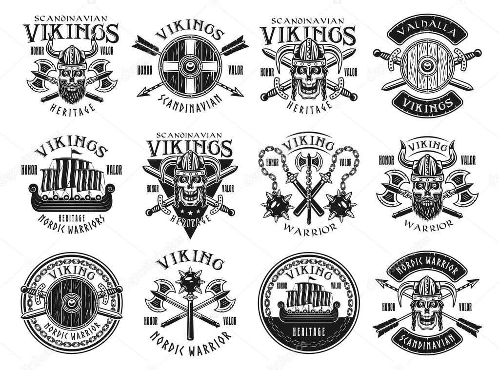 Vikings and scandinavian warriors vector emblems