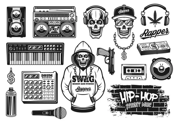 Rap und Hip Hop Musik Attribute Vektorobjekte — Stockvektor
