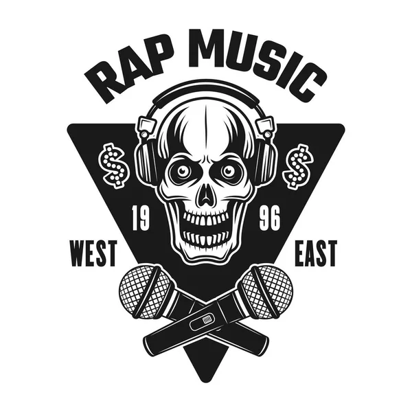Rap emblema de vector de música con cráneo en los auriculares — Archivo Imágenes Vectoriales