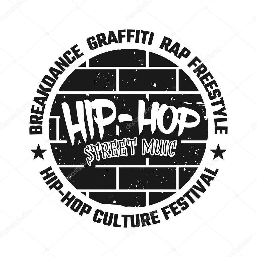 Graffiti on brick wall vector emblem, badge, label or logo with text hip-hop street music. Vintage monochrome style illustration isolated on white background