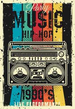 Retro parti 90s vektör renkli poster boombox ile