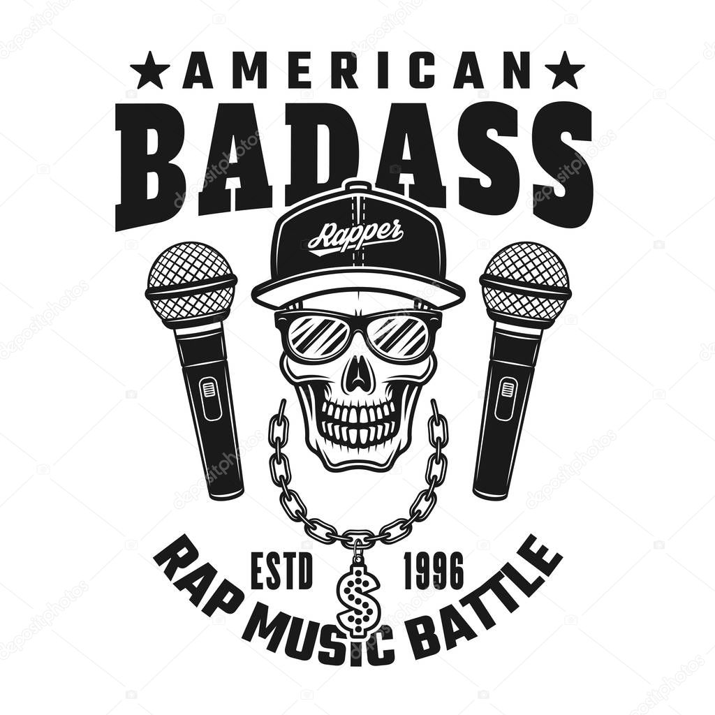 Rapper skull, text american badass vector emblem