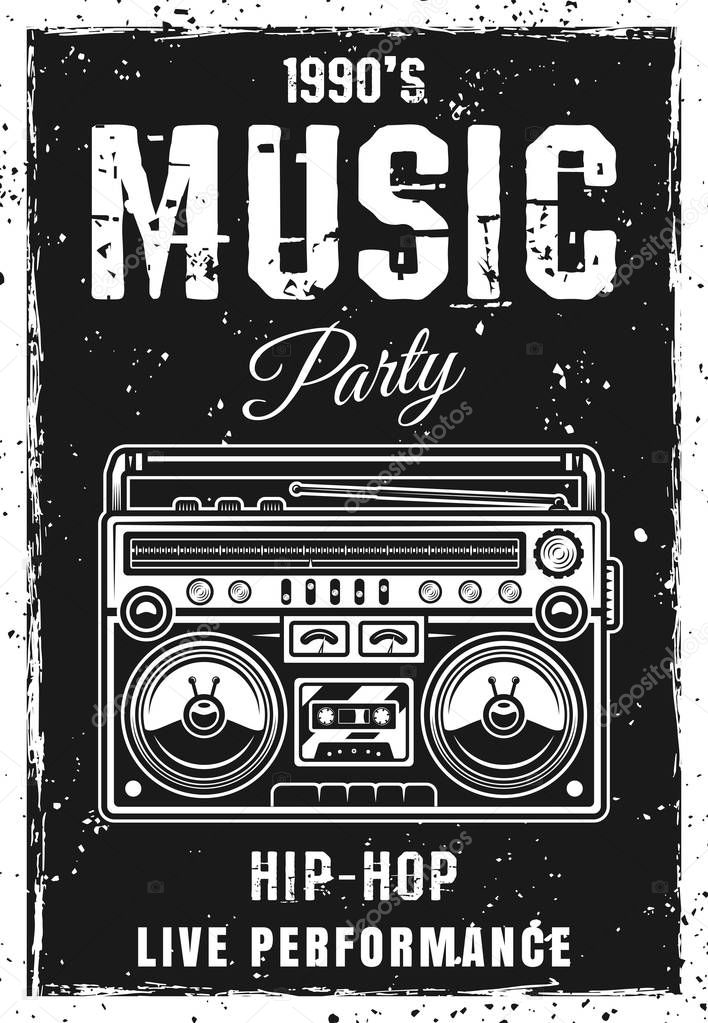 Music party black poster template with boombox