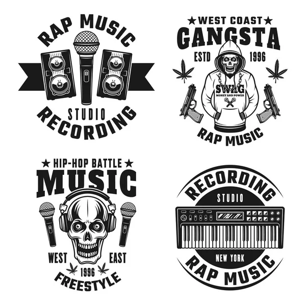 Rap y hip-hop cuatro emblemas vectoriales monocromáticos — Vector de stock