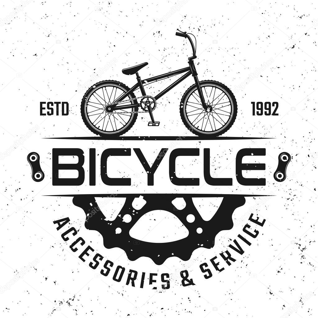 Bicycle store vector round emblem, badge, label or logo in vintage style isolated on background with removable grunge textures