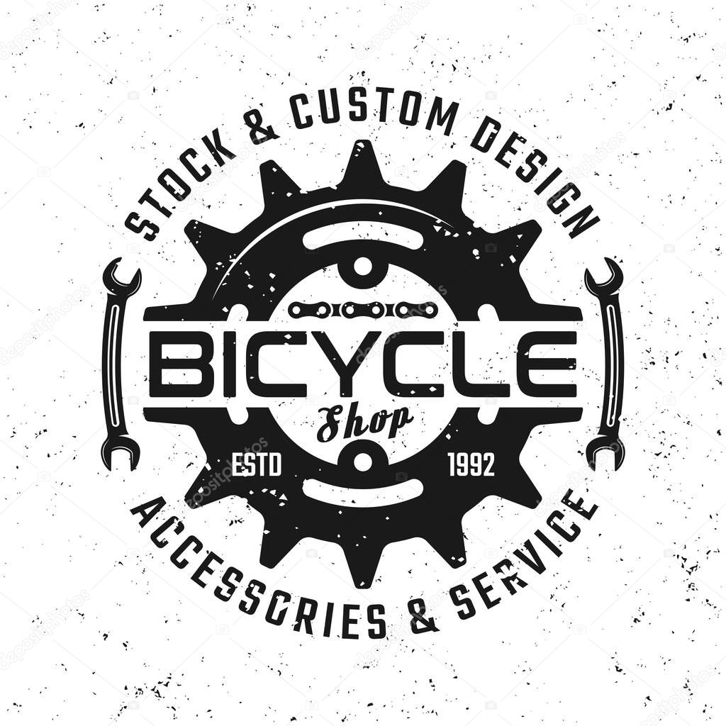 Bicycle gear vector round emblem, badge, label or logo in vintage style isolated on background with removable grunge textures