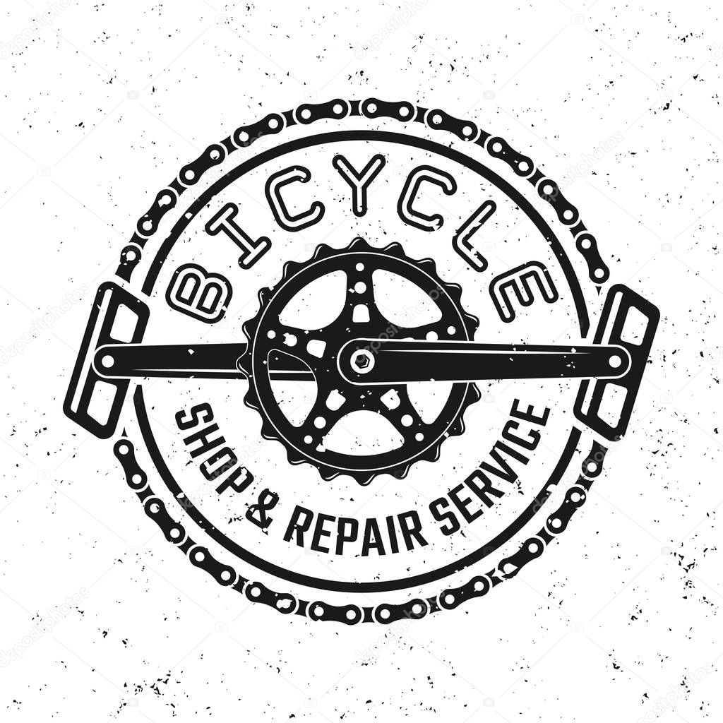 Bicycle pedals and chain vector round emblem, badge, label or logo in vintage style isolated on background with removable grunge textures