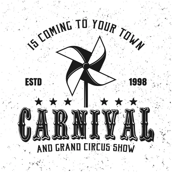 Carnaval emblema negro con papel molino de viento juguete — Vector de stock