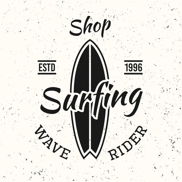 Surfing black vintage vector emblem with surfboard — Stock Vector