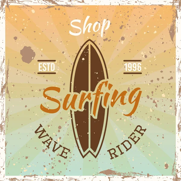 Surfing colored vintage emblem with surfboard — Stock Vector
