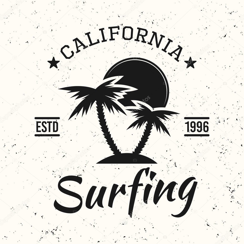 Surfing black vintage emblem, badge, label or logo with palms and sunset vector illustration on white textured background